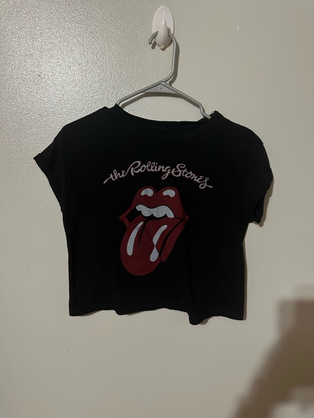 the Rolling Stones Black Crop Top with Red Tongue Graphic